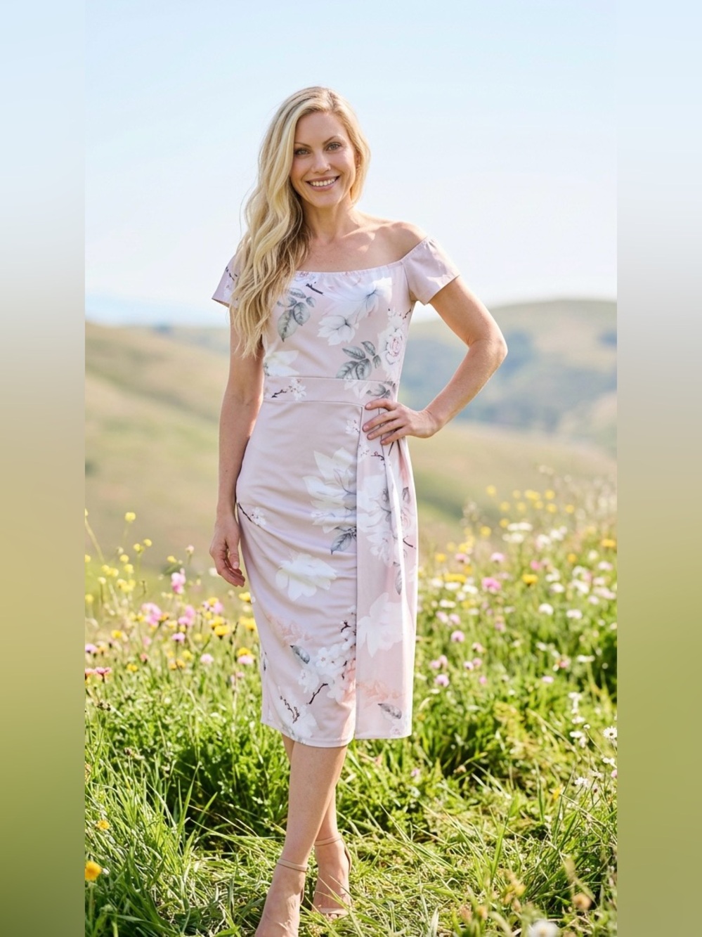 Elegant Pink Floral Almost Off-Shoulder Wedding Dress